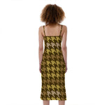 Brown And Tan Houndstooth Pattern Print Slim Fit Midi Cami Dress