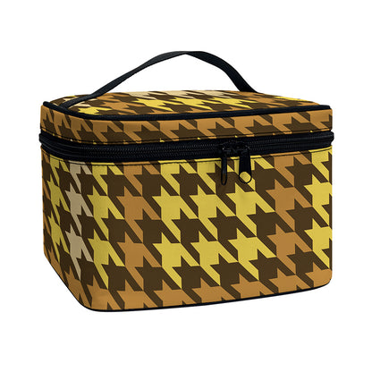 Brown And Tan Houndstooth Pattern Print Travel Makeup Bag