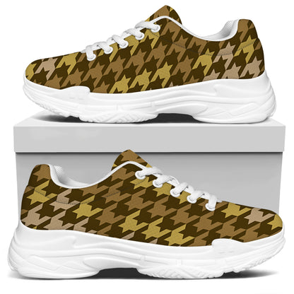 Brown And Tan Houndstooth Pattern Print White Chunky Shoes