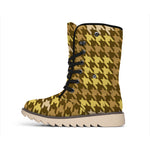 Brown And Tan Houndstooth Pattern Print Winter Boots