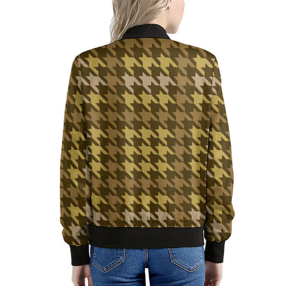 Brown And Tan Houndstooth Pattern Print Women's Bomber Jacket