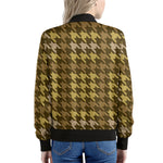 Brown And Tan Houndstooth Pattern Print Women's Bomber Jacket