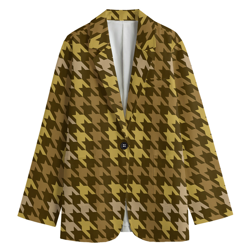 Brown And Tan Houndstooth Pattern Print Women's Cotton Blazer