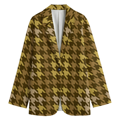 Brown And Tan Houndstooth Pattern Print Women's Cotton Blazer