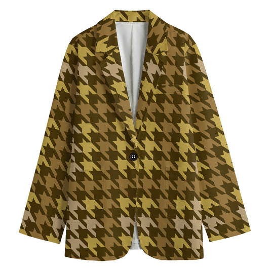 Brown And Tan Houndstooth Pattern Print Women's Cotton Blazer