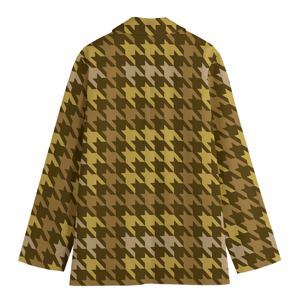 Brown And Tan Houndstooth Pattern Print Women's Cotton Blazer
