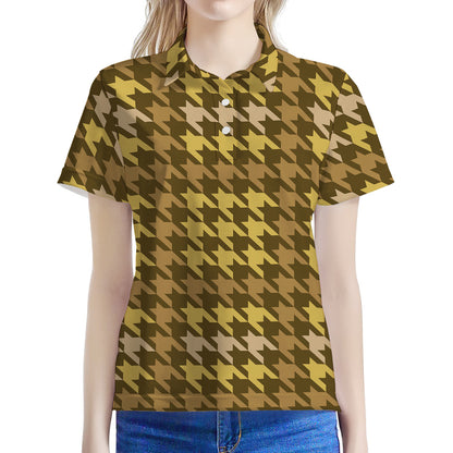 Brown And Tan Houndstooth Pattern Print Women's Polo Shirt