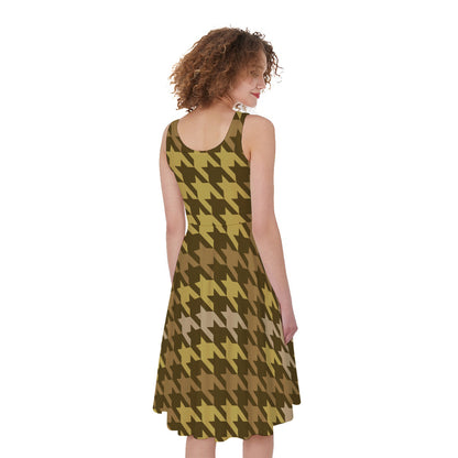 Brown And Tan Houndstooth Pattern Print Women's Sleeveless Dress