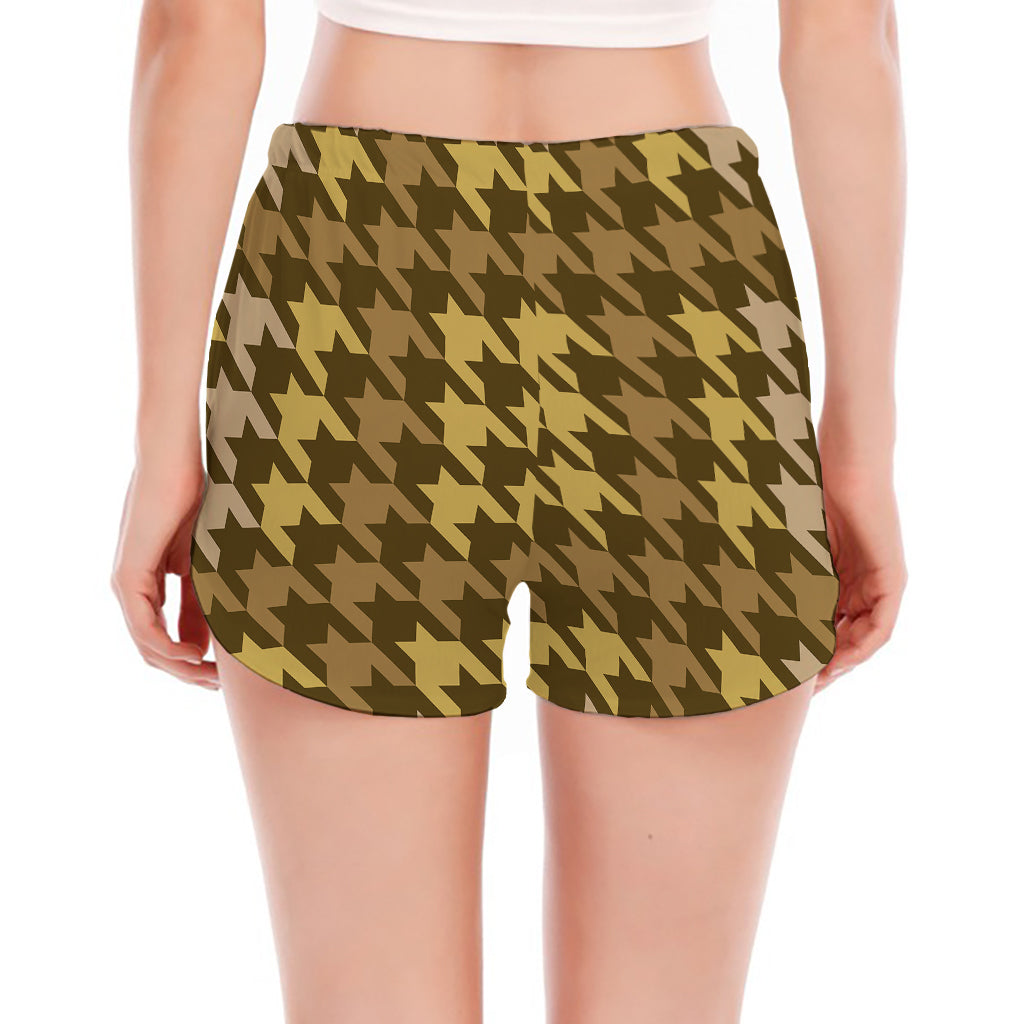 Brown And Tan Houndstooth Pattern Print Women's Split Running Shorts