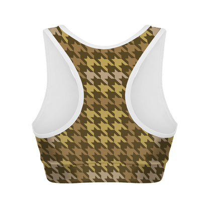 Brown And Tan Houndstooth Pattern Print Women's Sports Bra