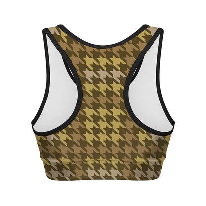 Brown And Tan Houndstooth Pattern Print Women's Sports Bra