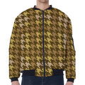 Brown And Tan Houndstooth Pattern Print Zip Sleeve Bomber Jacket