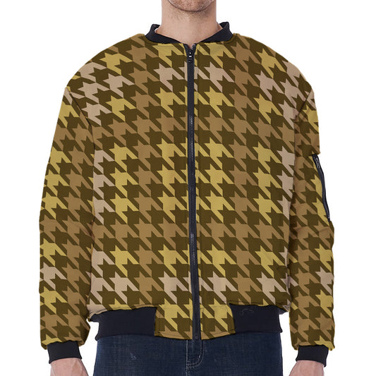 Brown And Tan Houndstooth Pattern Print Zip Sleeve Bomber Jacket