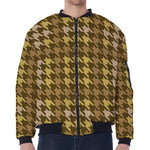 Brown And Tan Houndstooth Pattern Print Zip Sleeve Bomber Jacket