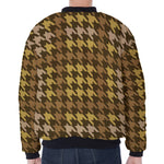 Brown And Tan Houndstooth Pattern Print Zip Sleeve Bomber Jacket
