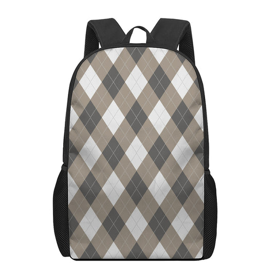 Brown And White Argyle Pattern Print 17 Inch Backpack