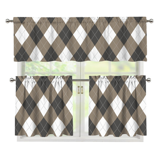 Brown And White Argyle Pattern Print 3 Piece Kitchen Curtains