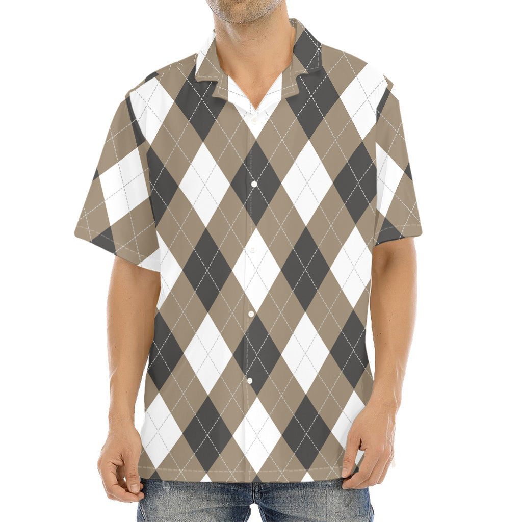 Brown And White Argyle Pattern Print Aloha Shirt