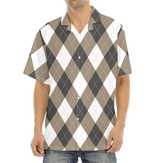 Brown And White Argyle Pattern Print Aloha Shirt