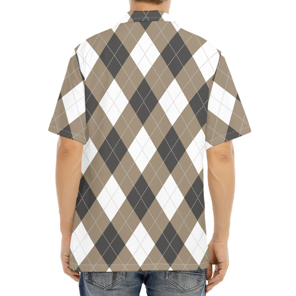 Brown And White Argyle Pattern Print Aloha Shirt