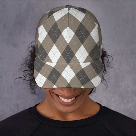 Brown And White Argyle Pattern Print Baseball Cap