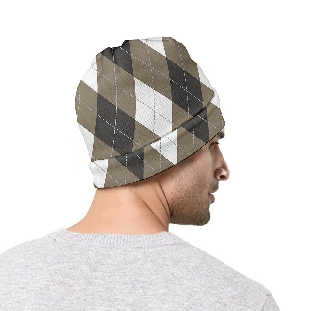 Brown And White Argyle Pattern Print Beanie