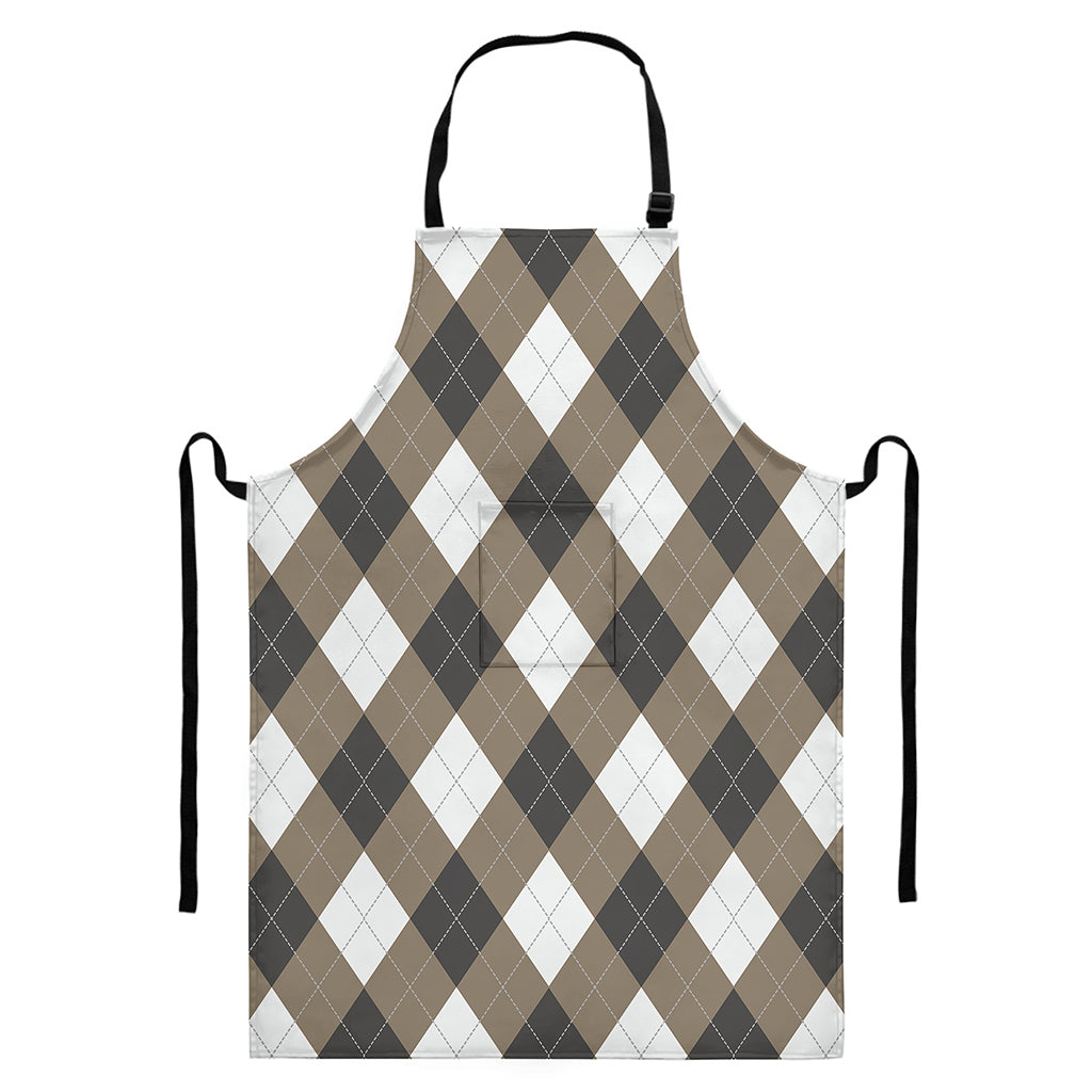 Brown And White Argyle Pattern Print Bib Apron With Pocket