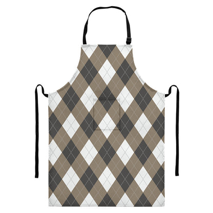 Brown And White Argyle Pattern Print Bib Apron With Pocket