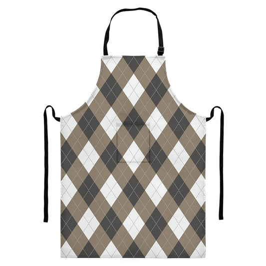 Brown And White Argyle Pattern Print Bib Apron With Pocket