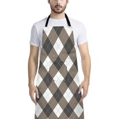 Brown And White Argyle Pattern Print Bib Apron With Pocket