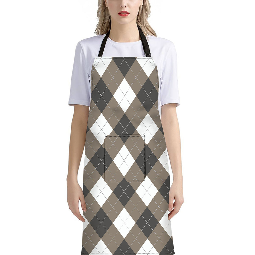 Brown And White Argyle Pattern Print Bib Apron With Pocket