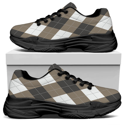 Brown And White Argyle Pattern Print Black Chunky Shoes