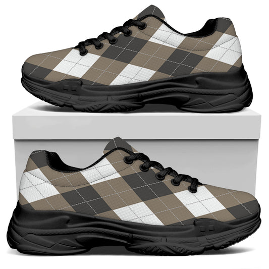 Brown And White Argyle Pattern Print Black Chunky Shoes