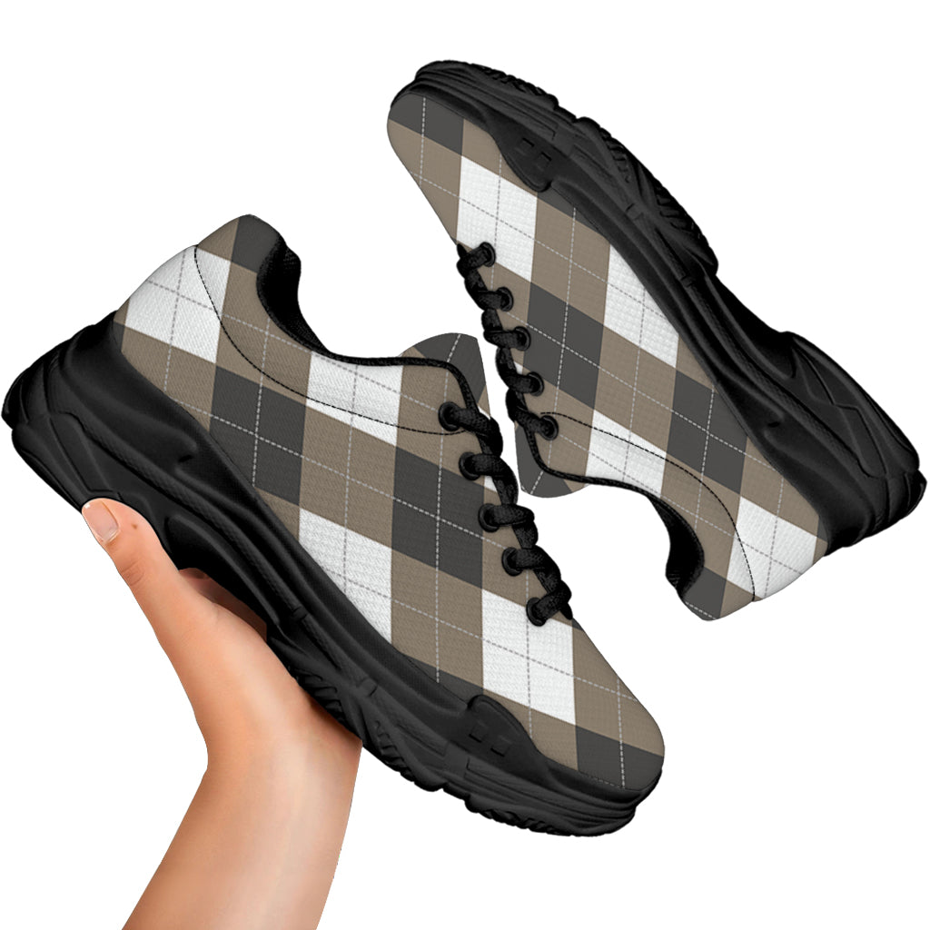 Brown And White Argyle Pattern Print Black Chunky Shoes