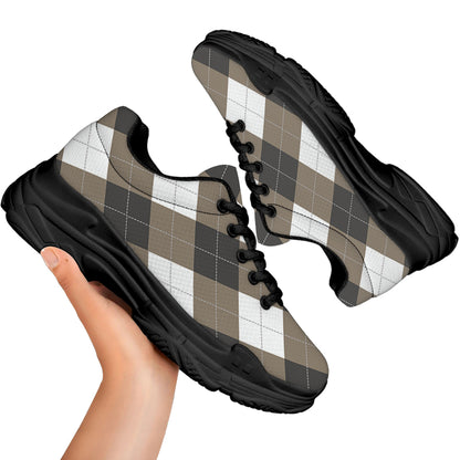 Brown And White Argyle Pattern Print Black Chunky Shoes