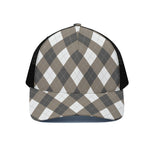 Brown And White Argyle Pattern Print Black Mesh Trucker Cap
