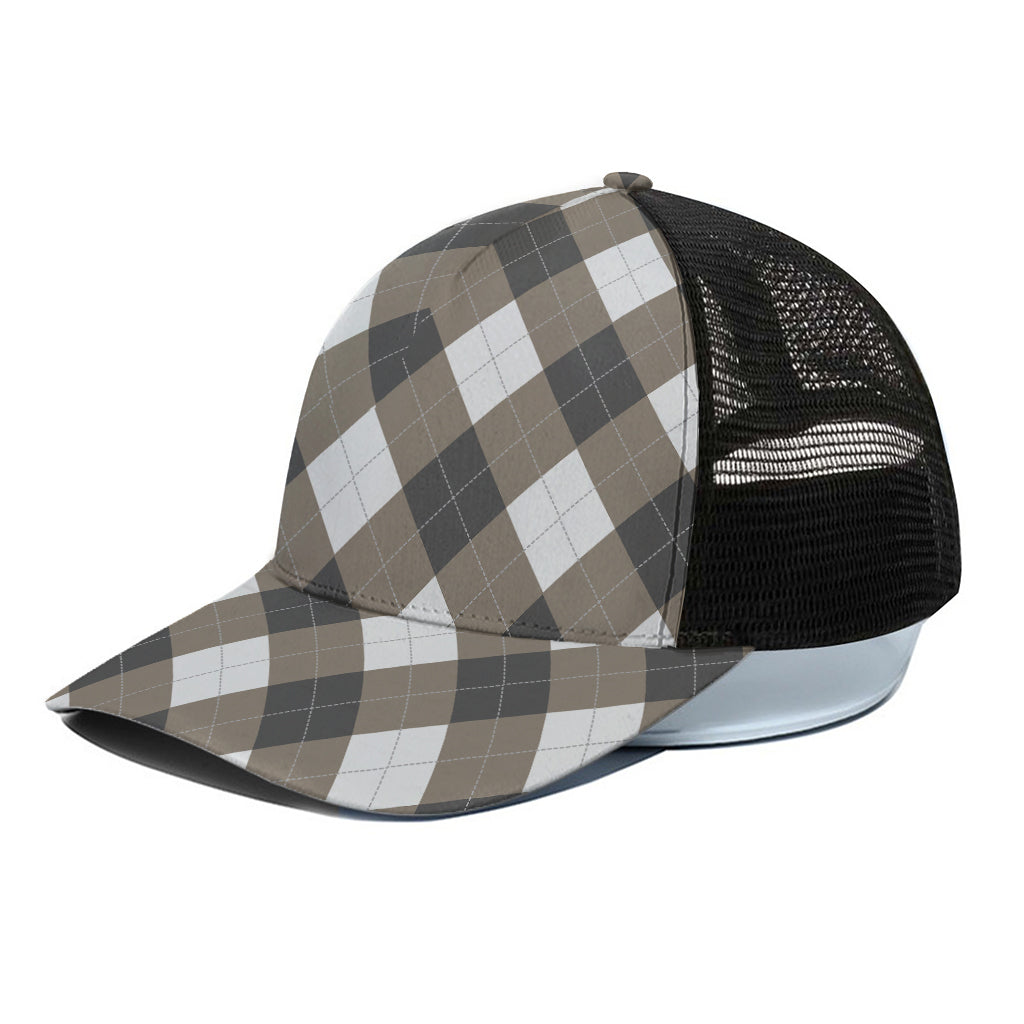 Brown And White Argyle Pattern Print Black Mesh Trucker Cap