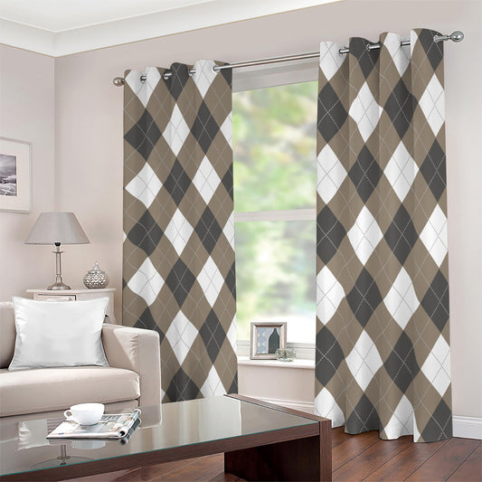 Brown And White Argyle Pattern Print Blackout Grommet Curtains