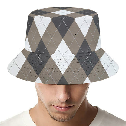 Brown And White Argyle Pattern Print Bucket Hat