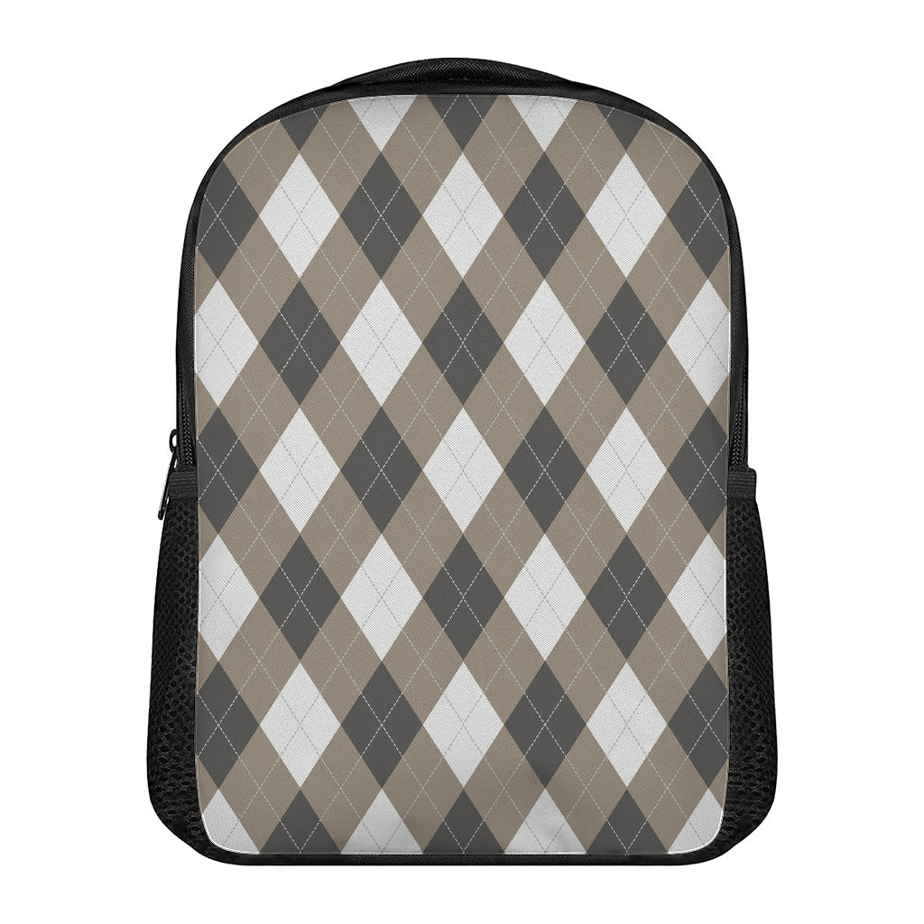 Brown And White Argyle Pattern Print Casual Backpack