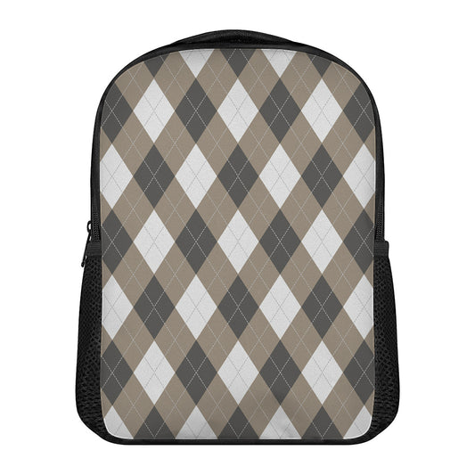 Brown And White Argyle Pattern Print Casual Backpack