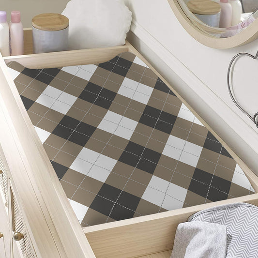 Brown And White Argyle Pattern Print Changing Pad Cover