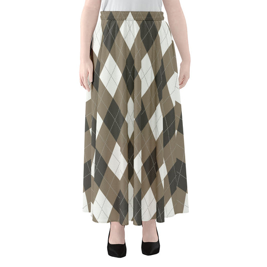 Brown And White Argyle Pattern Print Chiffon Maxi Skirt