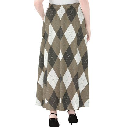 Brown And White Argyle Pattern Print Chiffon Maxi Skirt