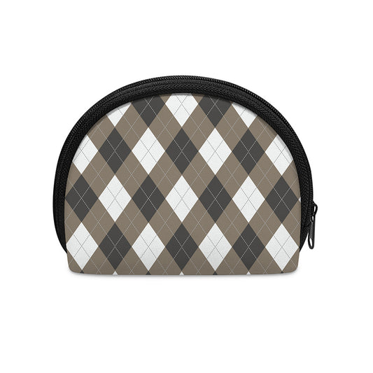 Brown And White Argyle Pattern Print Coin Purse