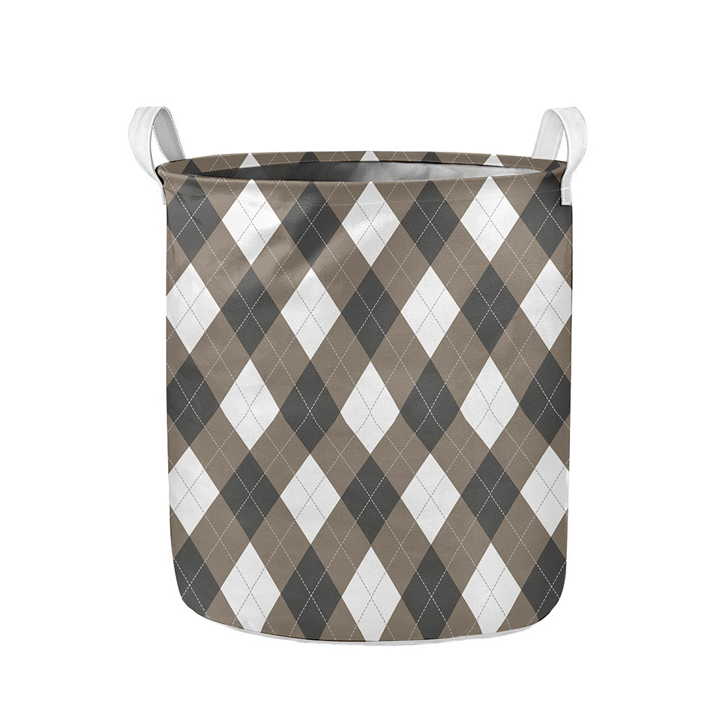 Brown And White Argyle Pattern Print Collapsible Laundry Basket