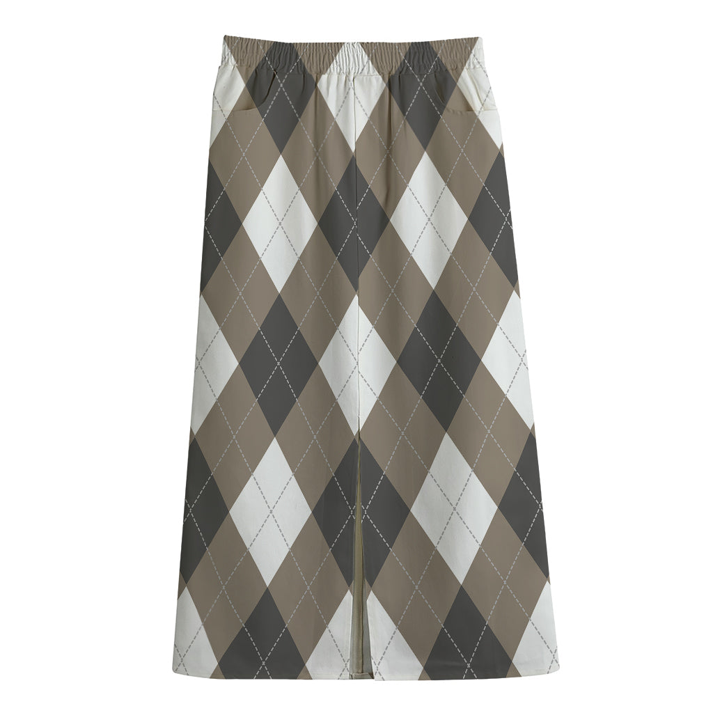 Brown And White Argyle Pattern Print Cotton Front Slit Maxi Skirt