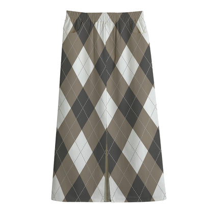 Brown And White Argyle Pattern Print Cotton Front Slit Maxi Skirt