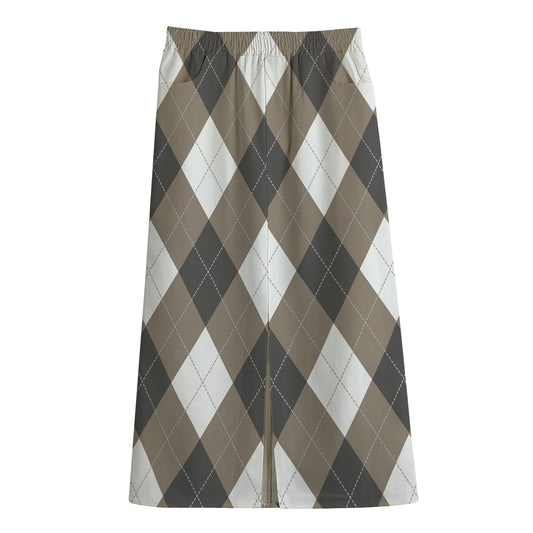 Brown And White Argyle Pattern Print Cotton Front Slit Maxi Skirt