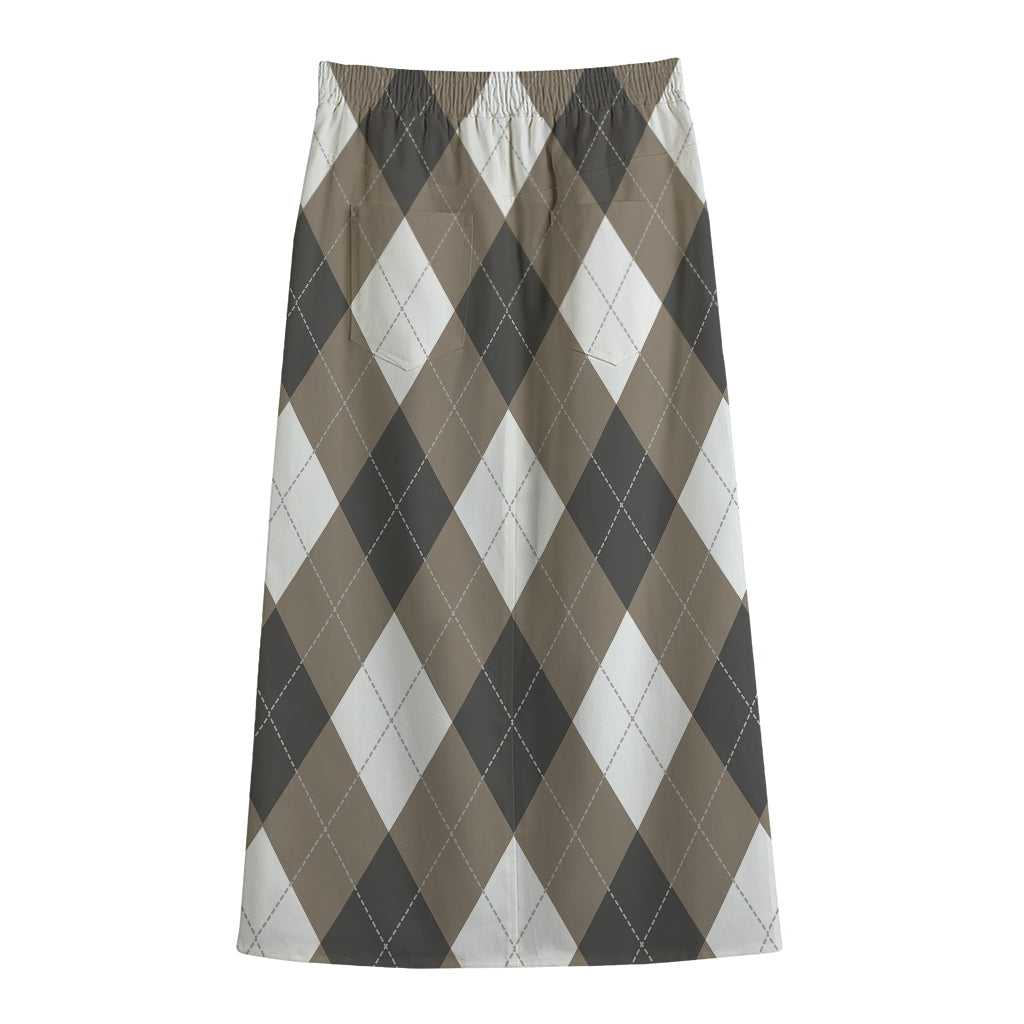 Brown And White Argyle Pattern Print Cotton Front Slit Maxi Skirt